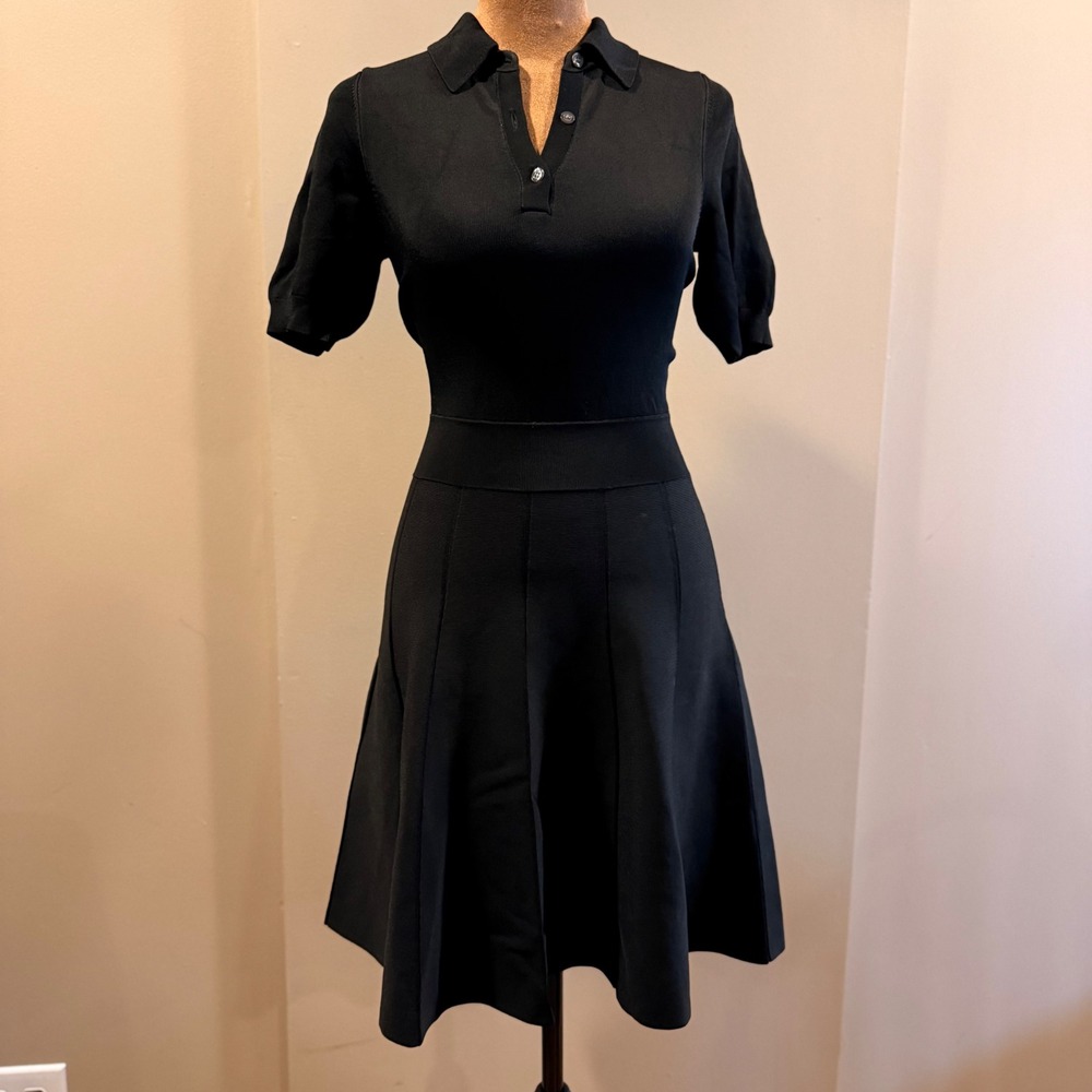 A.L.C Hudson Knit Polo Dress Midi Women S Black Ribbed A-Line Luxury Tennis Chic